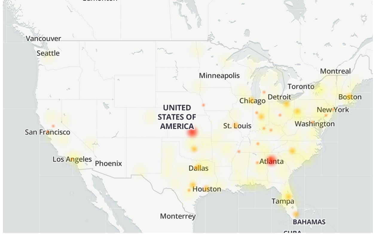 These are the main regions affected by AT&T's outage (Image via DownDetector)